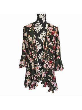 Entro S Boho Floral Ruffle Hem Open Cardigan Jacket Olive Green Lightweight